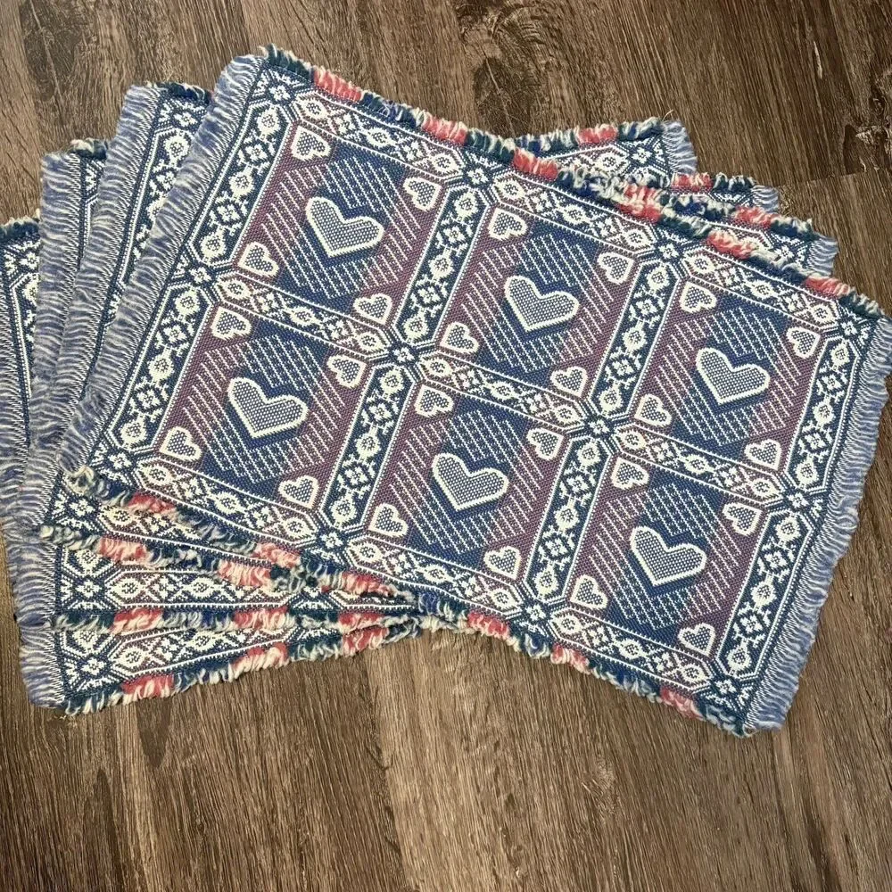 Vtg Placemats 4 Heart Reversible 80's Style Fringe Granny Cottage Core Pink Blue